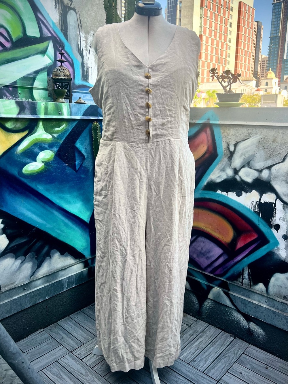 For The Republic Natural Beige Linen Blend Wide Leg Jumpsuit